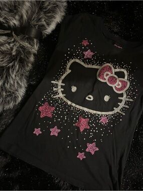 Hello Kitty Black Graphic Tee with Pink Rhinestonesk Y2K